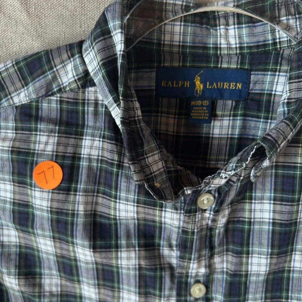 Ralph Lauren Boys Plaid Button Down Shirt Navy Green White Size‎ M 10-12 Cotton